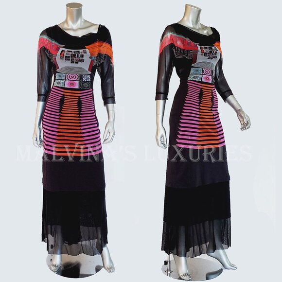 AVE THE QUEEN DRESS MAXI LONG SIGNATURE PRINTED TULLE OPEN BACK sz S SMALL - Picture 2 of 10